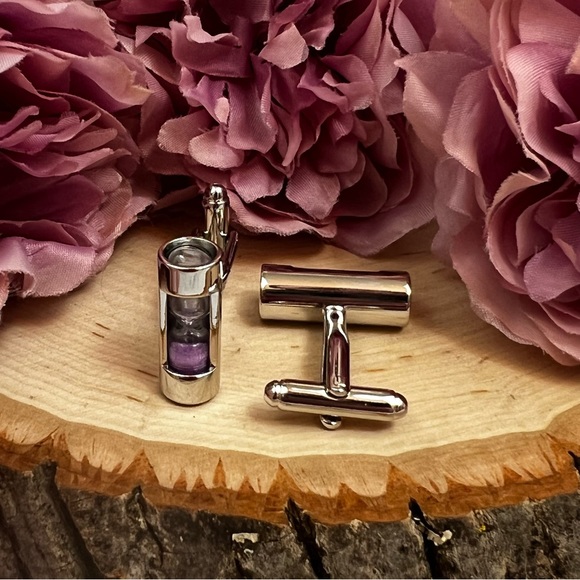 Unique Silver Cylinder Purple Sand Hourglass Cufflinks - Picture 10 of 17